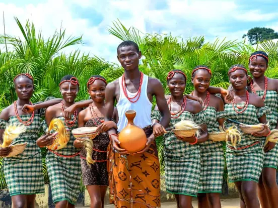 Students in traditional attire during a cultural presentation